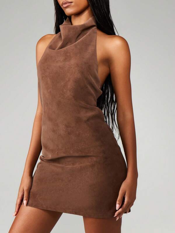 MISSGUIDED Halter Neck Suede Mini Dress With Strappy Back