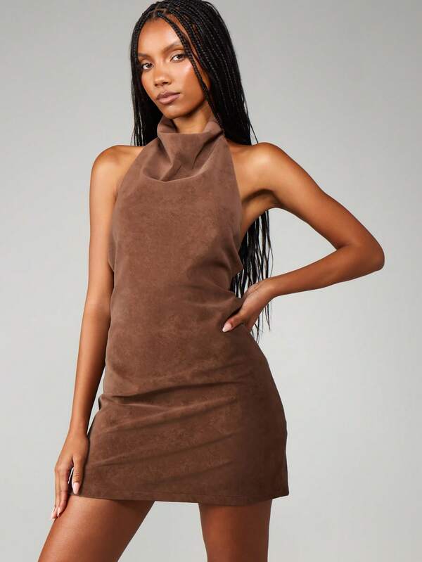 MISSGUIDED Halter Neck Suede Mini Dress With Strappy Back