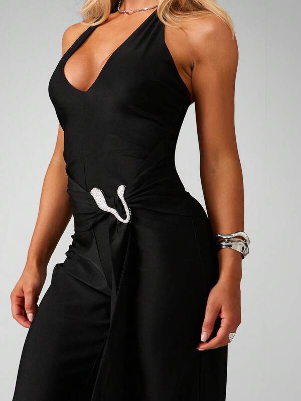 MISSGUIDED Halter Neck Wide Leg Jumpsuit With Tie Detail