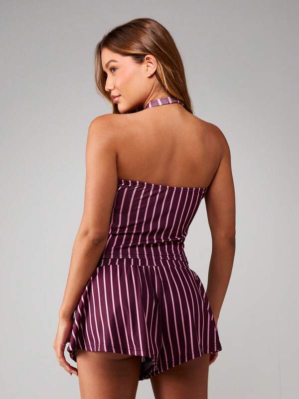 MISSGUIDED Halter Ribbed Striped Ruffle Lounge Set