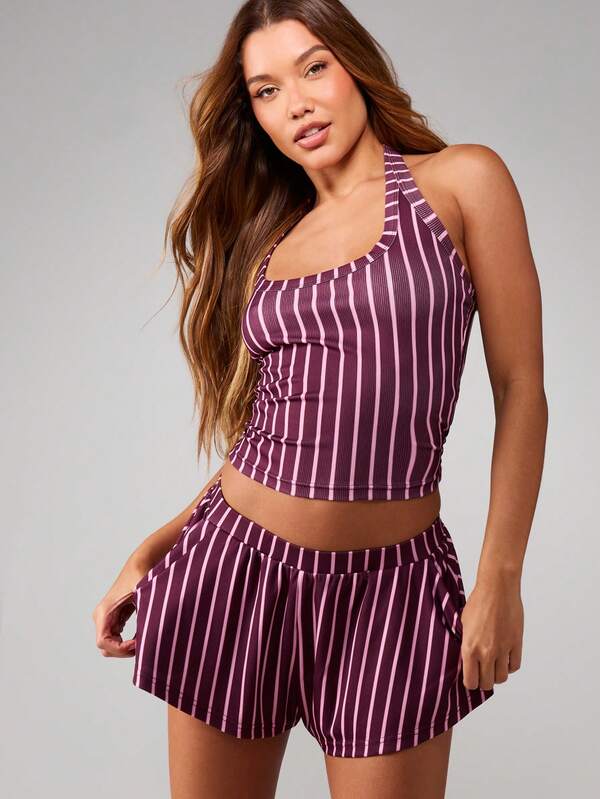 MISSGUIDED Halter Ribbed Striped Ruffle Lounge Set