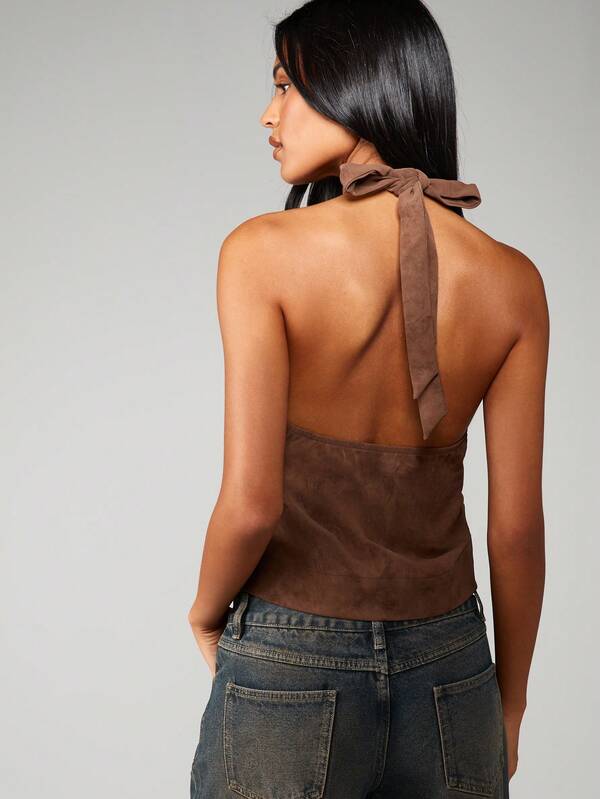 MISSGUIDED Halter Suede Top With Bead Detail