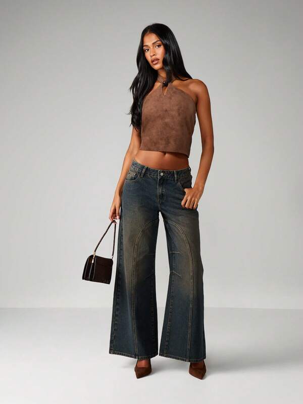 MISSGUIDED Halter Suede Top With Bead Detail