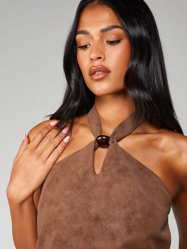 MISSGUIDED Halter Suede Top With Bead Detail