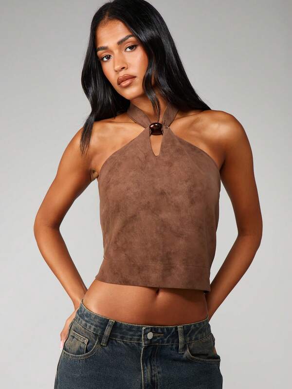 MISSGUIDED Halter Suede Top With Bead Detail