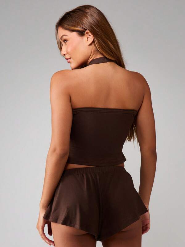 MISSGUIDED Halter Top With Mini Ruffle Shorts Set