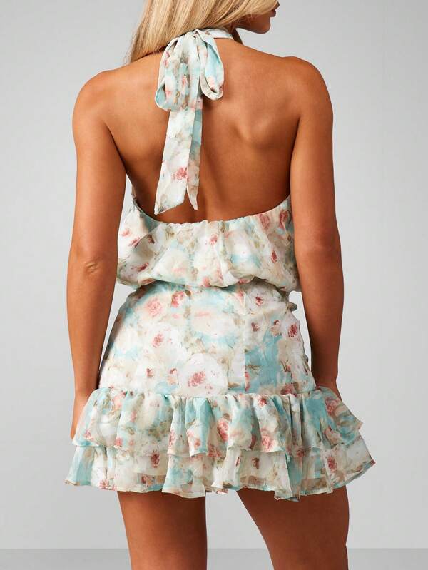 MISSGUIDED Halterneck Floral Chiffon Mini Dress With Ruffles