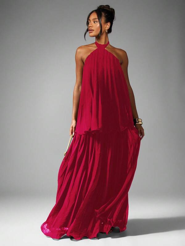 MISSGUIDED Halterneck Layered Chiffon Maxi Dress With Pleated Details