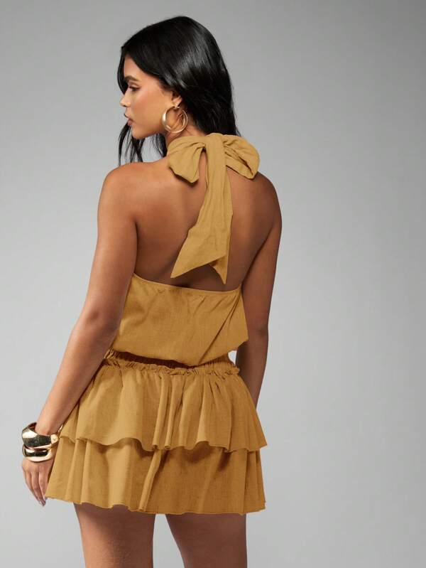 MISSGUIDED Halterneck Mini Dress With Ruffle Layers Embellished Neckline