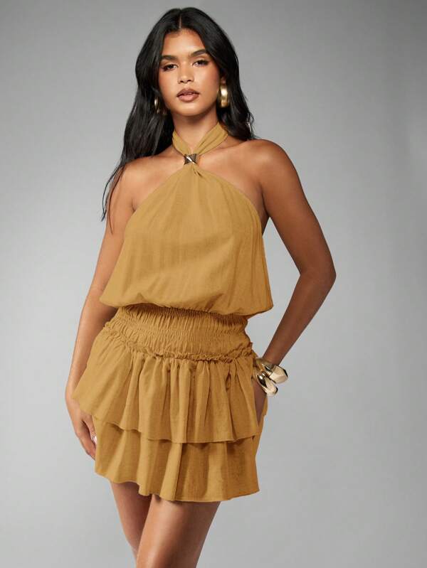 MISSGUIDED Halterneck Mini Dress With Ruffle Layers Embellished Neckline