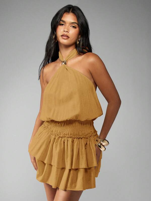 MISSGUIDED Halterneck Mini Dress With Ruffle Layers Embellished Neckline