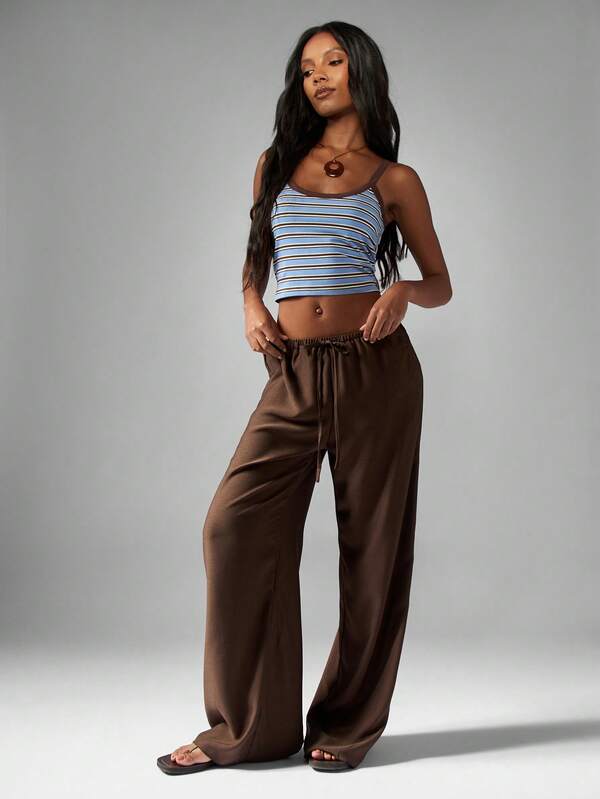 MISSGUIDED Hammered Satin Wide Leg Pants With Drawstring Waist