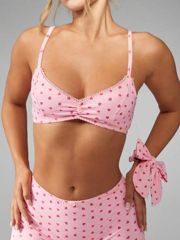 MISSGUIDED Heart Print Delicate Lace Trim Bow Detail Boy Short Bra And Panty Set