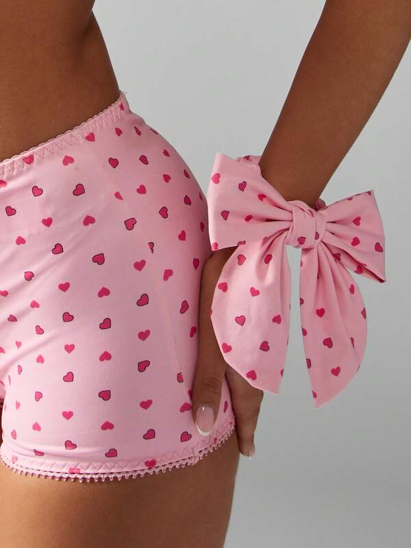 MISSGUIDED Heart Print Delicate Lace Trim Bow Detail Boy Short Bra And Panty Set