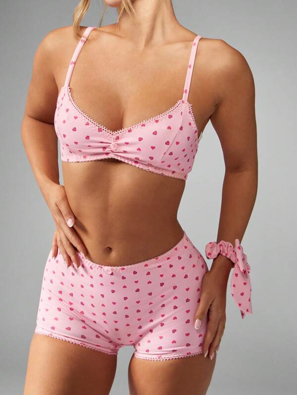 MISSGUIDED Heart Print Delicate Lace Trim Bow Detail Boy Short Bra And Panty Set