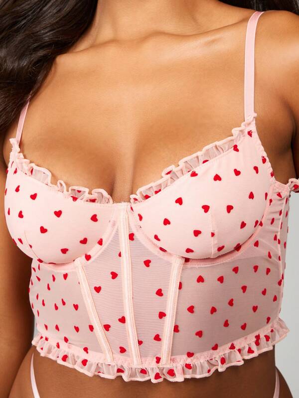 MISSGUIDED Heart Print Mesh Corset With Ruffle Detail