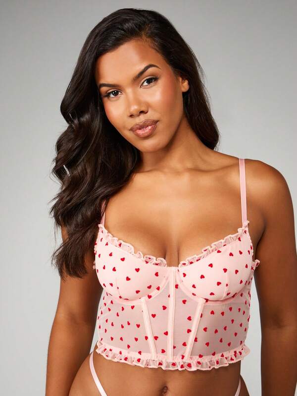 MISSGUIDED Heart Print Mesh Corset With Ruffle Detail