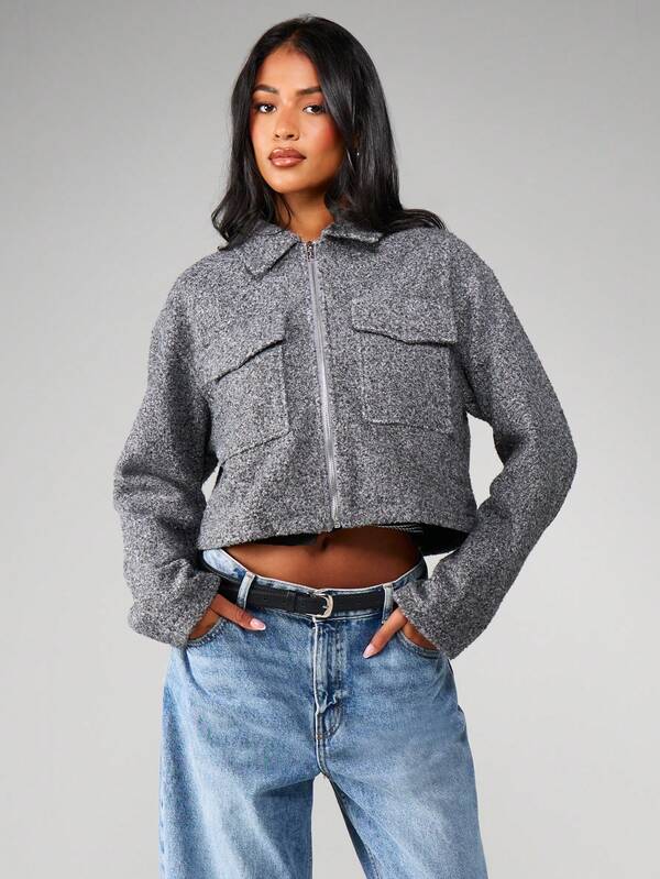 MISSGUIDED Heathered Cropped Utility Jacket With Zip Closure