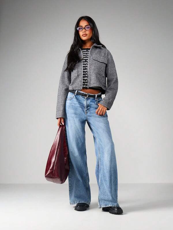MISSGUIDED Heathered Cropped Utility Jacket With Zip Closure