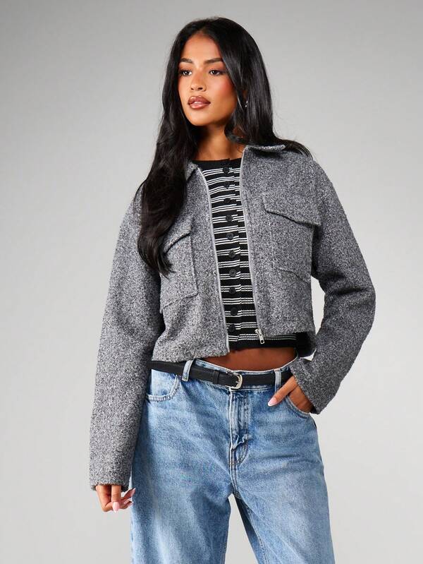 MISSGUIDED Heathered Cropped Utility Jacket With Zip Closure