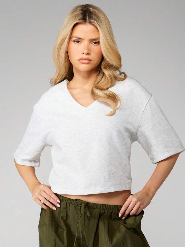MISSGUIDED Heathered V Neck Crop Top With Short Sleeves