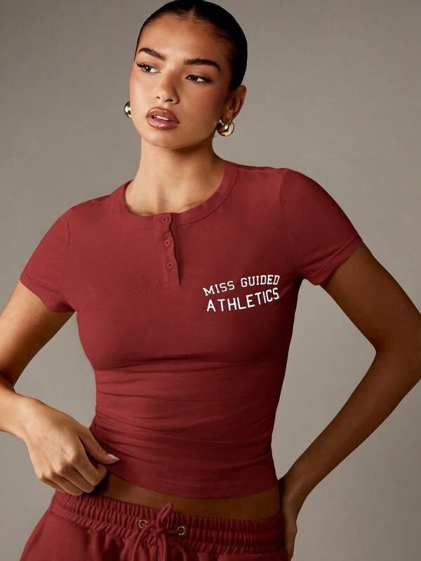 MISSGUIDED Henley Button Down T-Shirt With Athletic Print