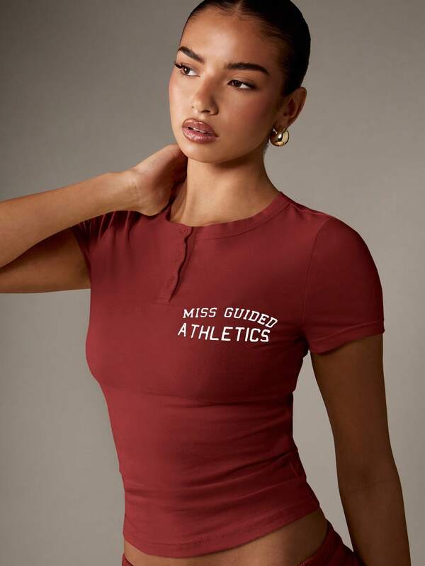 MISSGUIDED Henley Button Down T-Shirt With Athletic Print