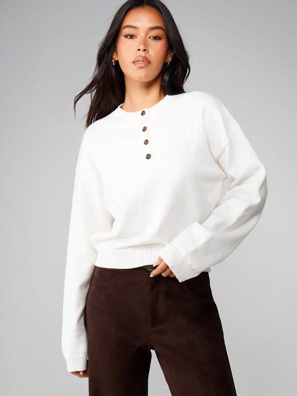MISSGUIDED Henley Button Front Knit Sweater