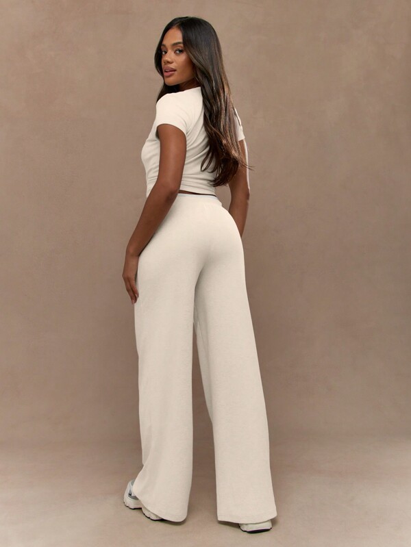 MISSGUIDED Henley Crop Top With Wide Leg Pants Set