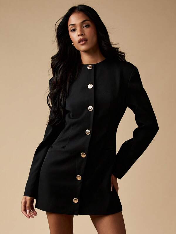 MISSGUIDED High Neck Button Front Mini Blazer Dress With Long Sleeves