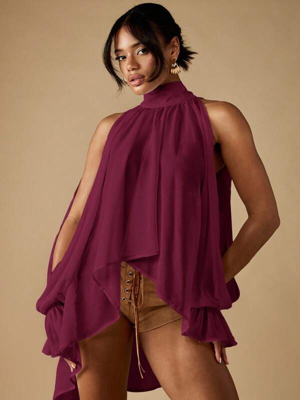 MISSGUIDED High Neck Cold Shoulder Halter Top With Ruffles