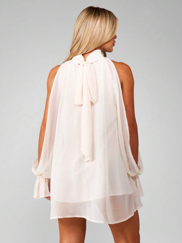 MISSGUIDED High Neck Cold Shoulder Ruffle Mini Dress