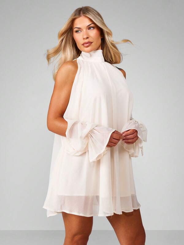 MISSGUIDED High Neck Cold Shoulder Ruffle Mini Dress