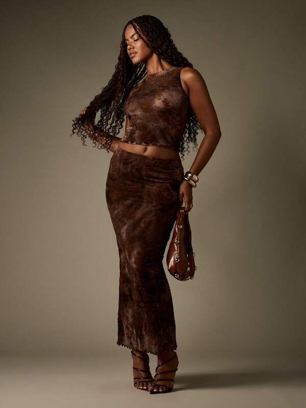 MISSGUIDED High Neck Crop Top And Maxi Skirt With Distressed Texture