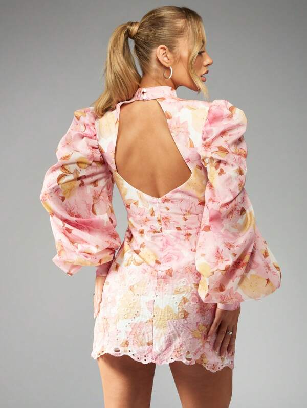 MISSGUIDED High Neck Floral Mini Dress With Puff Sleeves Cut Out Waist