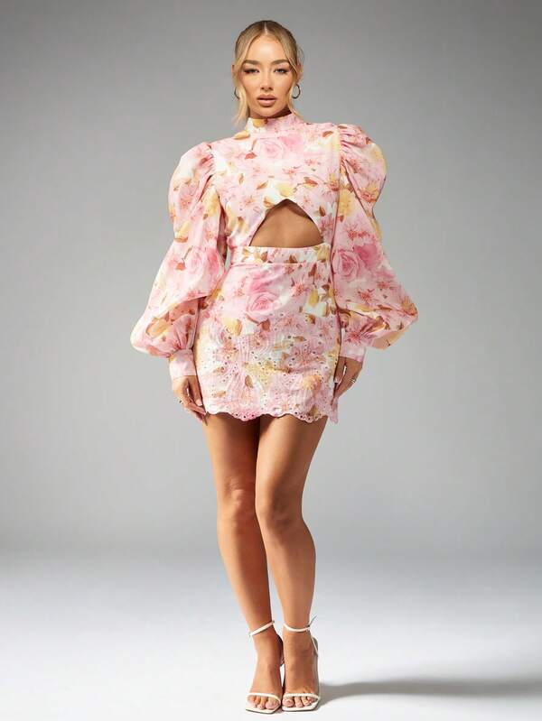 MISSGUIDED High Neck Floral Mini Dress With Puff Sleeves Cut Out Waist