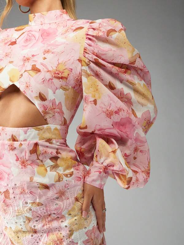 MISSGUIDED High Neck Floral Mini Dress With Puff Sleeves Cut Out Waist
