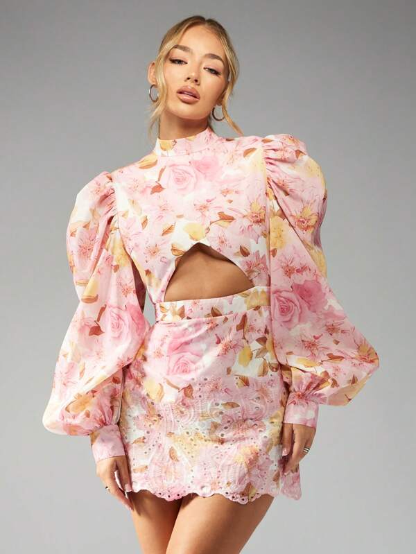 MISSGUIDED High Neck Floral Mini Dress With Puff Sleeves Cut Out Waist