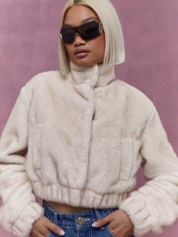 MISSGUIDED High Neck Gathered Waist Long Sleeves Crop Coat Winter Wear