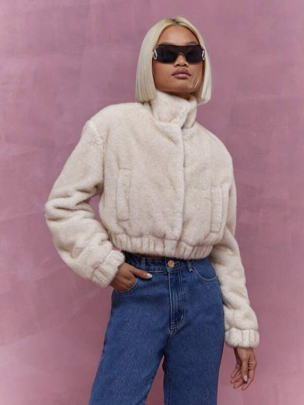 MISSGUIDED High Neck Gathered Waist Long Sleeves Crop Coat Winter Wear