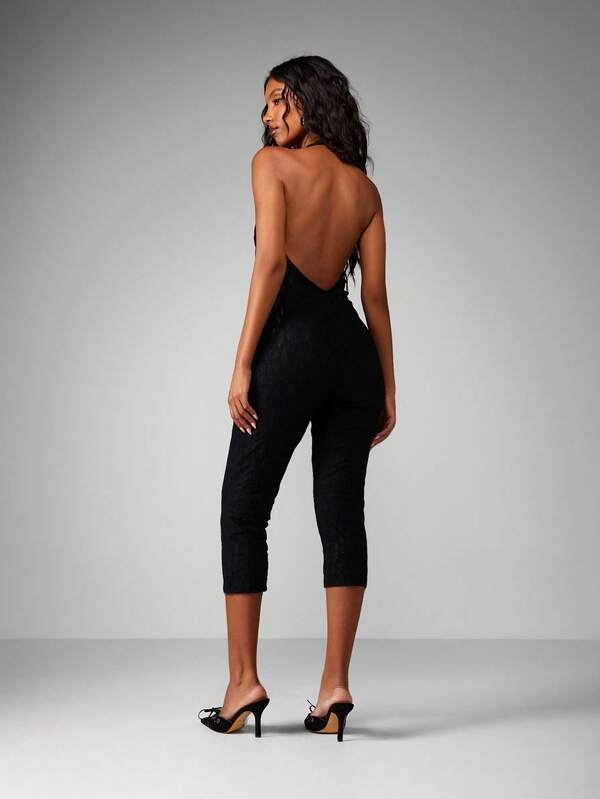 MISSGUIDED High Neck Lace Cropped Jumpsuit