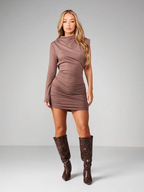 MISSGUIDED High Neck One Sleeve Bodycon Dress With Eyelet Detail