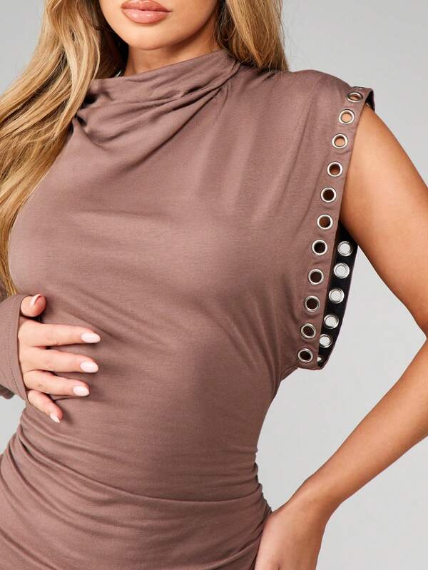 MISSGUIDED High Neck One Sleeve Bodycon Dress With Eyelet Detail