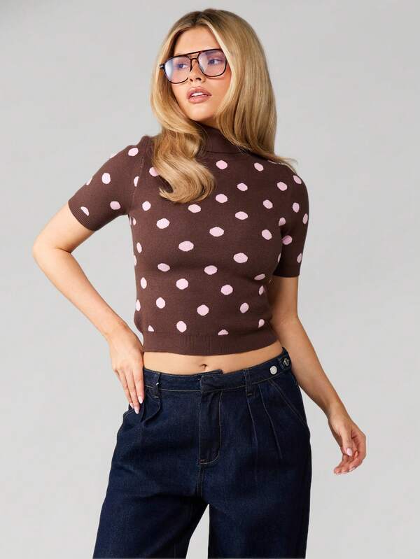 MISSGUIDED High Neck Polka Dot Knitted Top