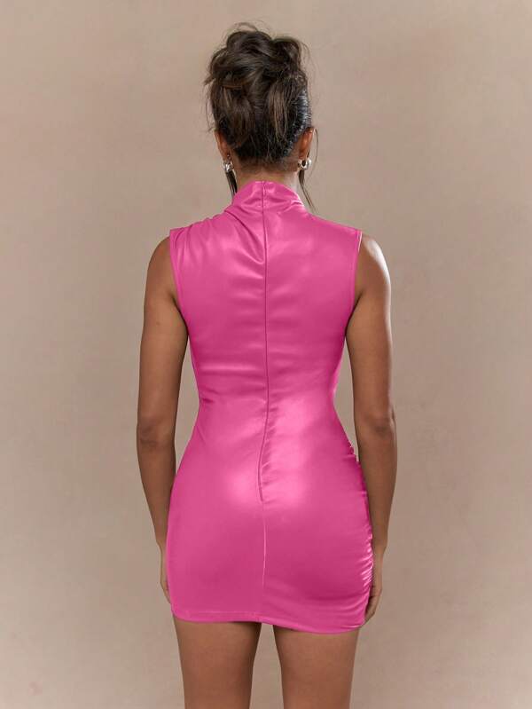 MISSGUIDED High Neck PU Leather Look Ruched Mini Dress