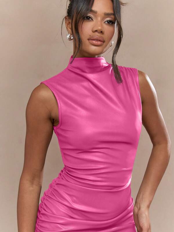 MISSGUIDED High Neck PU Leather Look Ruched Mini Dress
