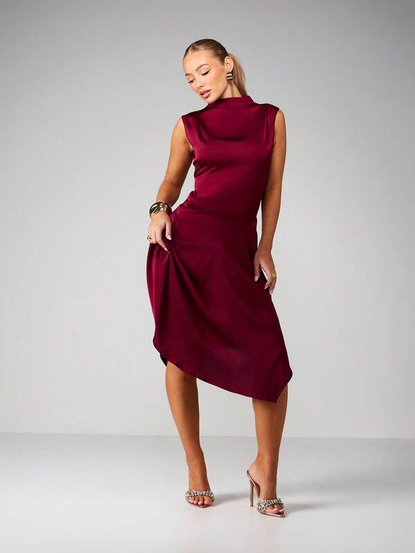 MISSGUIDED High Neck Satin Midi Dress With Asymmetrical Hem