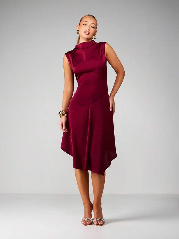MISSGUIDED High Neck Satin Midi Dress With Asymmetrical Hem