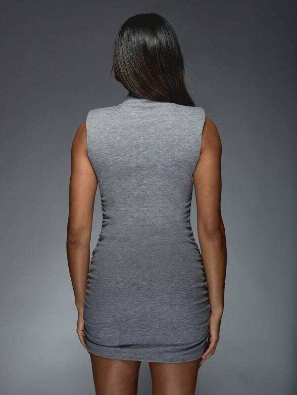 MISSGUIDED High Neck Shoulder Pad Ruched Heather Bodycon Mini Dress