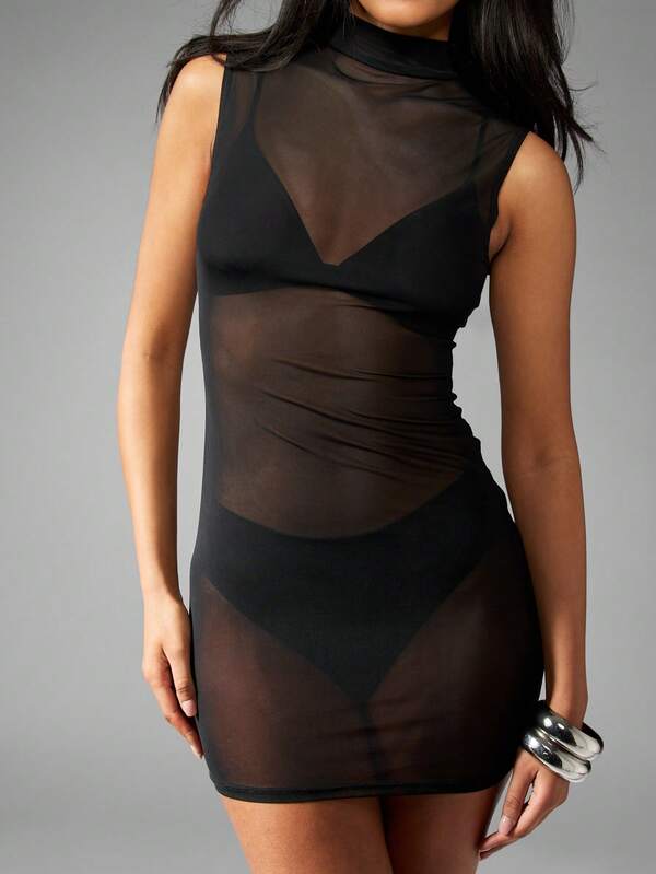 MISSGUIDED High Neck Sleeveless Mesh Bodycon See Through Mini Dress
